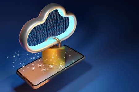 Moblie smart phone tranfer data to cloud server . Concept of cloud protection and technology network connection . 3d renderingの写真素材