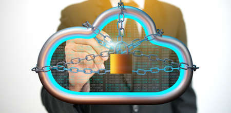 Businessman pressing lock icon with binary code. Concept of cloud protection and technology network connection . 3d renderingの写真素材