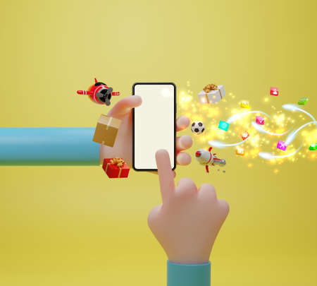 Hands using smartphone with icons 3d. cartoon device Mockup, 3d illustration.の写真素材