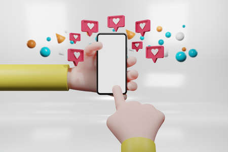 hand holding smartphone with like notifications flying around. cartoon character hand, 3d renderingの写真素材