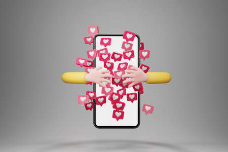 hand embracing smartphone with love icons notifications flying around. cartoon character hand, social media concept, 3d renderingの写真素材