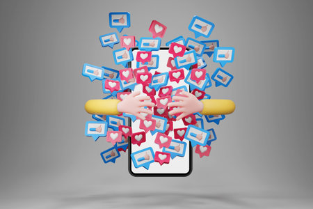 hand embracing smartphone with social icons notifications flying around. cartoon character hand,...