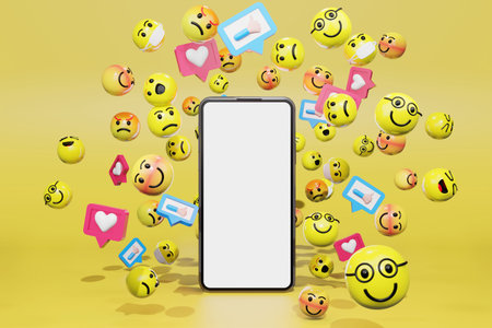 Smartphone with cartoon emoticons icons for social media. 3d renderingの写真素材