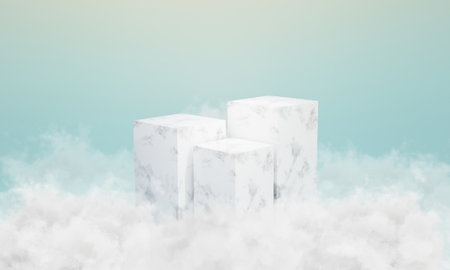 White marble podium with clouds around it.の写真素材