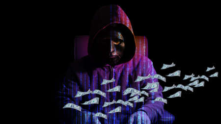 Double exposure hacker using laptop with binary code digital interface.の写真素材