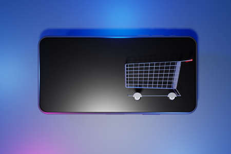 Shopping cart on mobile phone. Online shopping concept, 3d renderingの写真素材