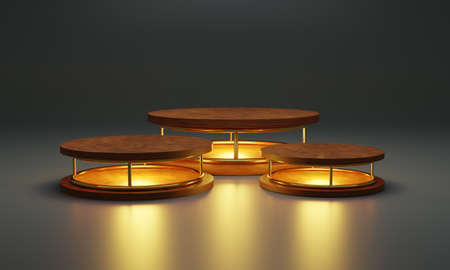 Cylinder wood podium with neon lamp glow light. product stand, showcase, 3d illustrationの写真素材