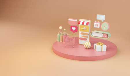 Shopping online on smartphone. Online shopping and and delivery concept, 3d illustrationの写真素材