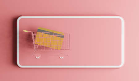 Shopping cart on mobile phone. Online shopping concept, 3d renderingの写真素材