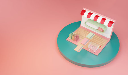 Shopping online on laptop. Online shopping and and delivery concept, 3d illustration