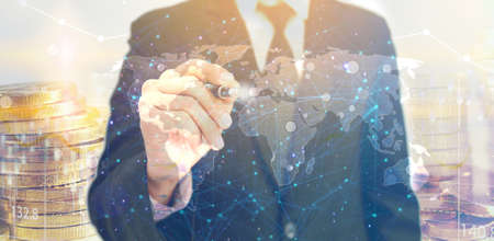 Businessman touching screen interface. business management conceptの写真素材