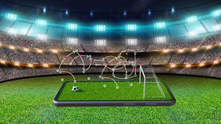 football game strategy on smartphone. soccer online concept, 3d renderingの写真素材