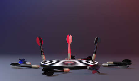 Red arrows reaching the center target. Darts target. target of business. Success Business Concept. 3d renderingの写真素材