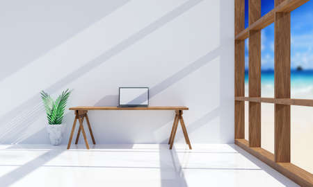 modern workplace in bright room with laptop on wooden desk. 3d renderingの写真素材
