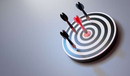 Red arrows reaching the center target. Darts target. target of business. Success Business Concept. 3d renderingの写真素材
