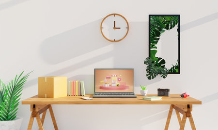 modern workplace in white room with laptop on wooden desk. 3d renderingの写真素材