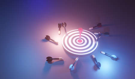 Red arrows reaching the center target. Darts target. target of business. Success Business Concept. 3d renderingの写真素材