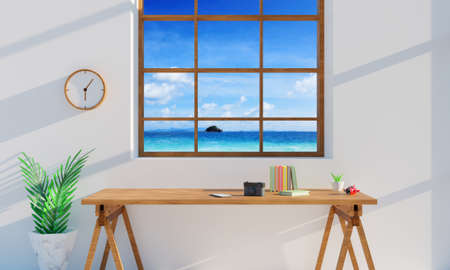 sea view workspace in bright room with wooden desk. 3d renderingの写真素材