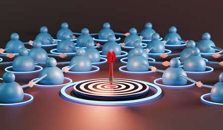 Business team with red arrows reaching the center target. Success Business Concept. 3d renderingの写真素材