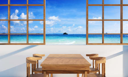 wooden table and sea view background. 3d renderingの写真素材
