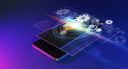 High speed communications via phone mobile. Abstract virtual screen over screen smartphone.