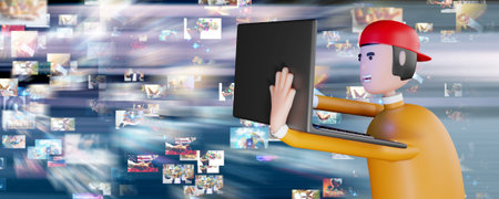 Cartoon Character: Man point to  Laptop on Motion Blur abstract background. 3d renderingの写真素材