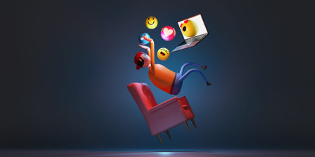 man using laptop connect to internet floating in the air with emotion icons. 3d renderingの写真素材