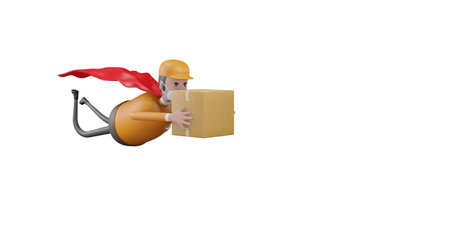 Deliveryman wearing protective face mask flying wear red capes send packages to customers. Express delivery concept, fast shipping, 3d renderingの写真素材