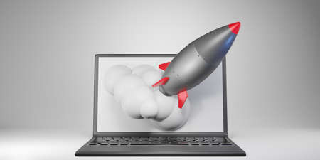 Cartoon rocket take off. start up concept, 3d renderingの写真素材