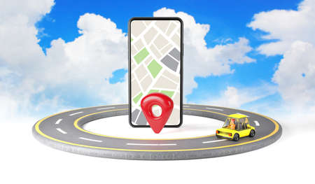 Map location,Gps point navigation, travel way, Application on smartphone, 3d renderingの写真素材