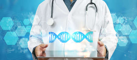 Doctor using a digital tablet. healthcare and network connection on tablet , medical technology and network concept.の写真素材