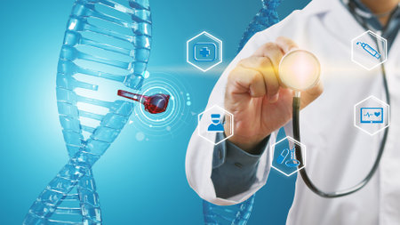 Doctor using tablet and analysis chromosome DNA genetic of human on virtual interface. Medical science concept, 3d illustrationの写真素材