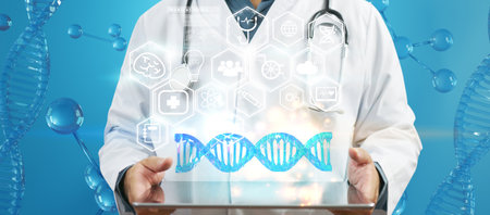 Doctor using tablet and analysis chromosome DNA genetic of human on virtual interface. Medical science concept, 3d illustrationの写真素材
