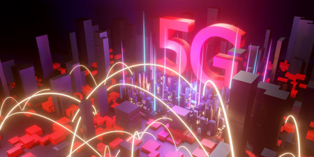 5G high-speed Internet concept, 5G network wireless technology on city background, 3d renderingの写真素材