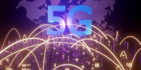 5G high-speed Internet concept, 5G network wireless technology on city background, 3d renderingの写真素材