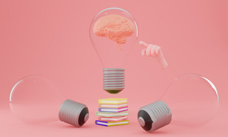 light bulb with brain inside. creative idea and innovation concept, 3d illustrationの写真素材