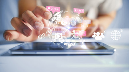 Social media icons on smartphone. Media marketing concept.の写真素材
