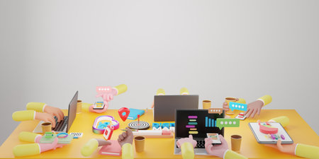Business Team brainstorm analysis of online market. Digital Marketing Technology, Online Business Concept, digital advertising via social media. 3d illustrationの写真素材