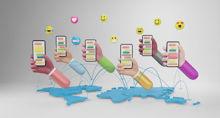 People hands holding smartphone with emotion icons. Media marketing, Social media concept, 3d...