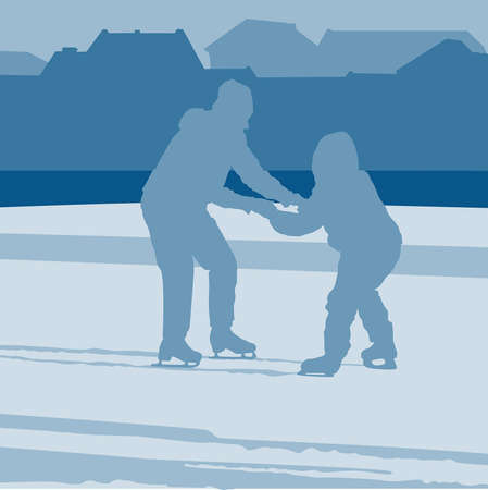 Mother teaches a child to ride on skatesのイラスト素材