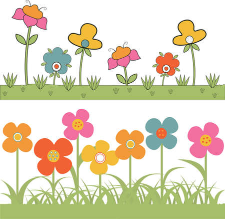 set of backgrounds grass and stylized flowersのイラスト素材