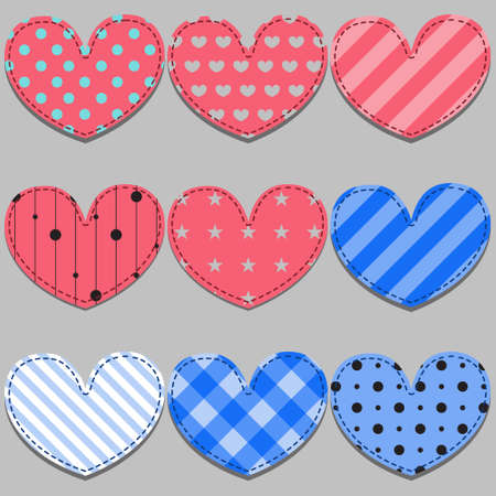 vector set of pink and blue hearts made of clothのイラスト素材