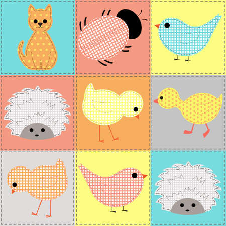 kids seamless pattern with stylized Young animals kitten, duck, chicken, hedgehog, bird, ladybirdのイラスト素材
