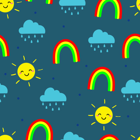 Seamless pattern of rain clouds, rainbow and sun for fabric prints, textiles, gift wrapping paper....