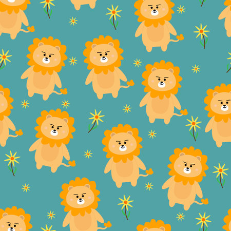 Seamless pattern of lions and flowers in yellow for fabric prints, textiles, gift wrapping paper. colorful vector for children, flat styleのイラスト素材