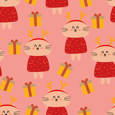 Cute cartoon cats and Christmas gifts seamless pattern, with Christmas illustrations. cute animal wallpaper for wrapping paperのイラスト素材