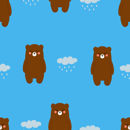 Seamless pattern with cute cartoon bears and rain clouds, on fabric, textile, gift wrapping paper. colorful vector for children, flat styleのイラスト素材