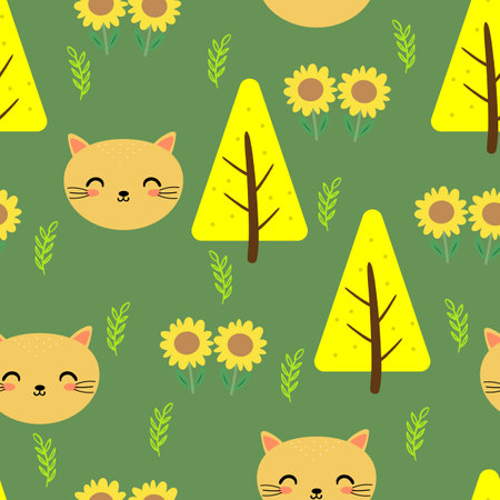Seamless pattern of cute cartoon cats, trees and flowers. cute wallpaper for gift wrapping paper, textile, colorful vector for children, flat styleのイラスト素材