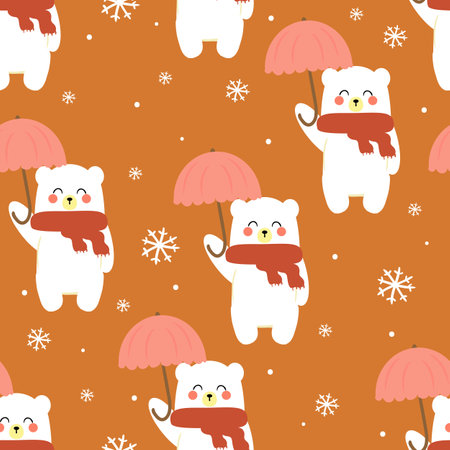 Cartoon bear wearing an umbrella cute seamless pattern in winter and christmas illustration. cute animal wallpaper for gift wrapping paperのイラスト素材