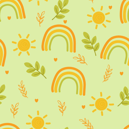 Seamless pattern of cute cartoon leaves, rainbow and sun. cute wallpaper for gift wrapping paper, textile, colorful vector for children, flat styleのイラスト素材